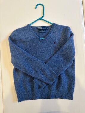 Vintage Polo by Ralph Lauren 100% Italy Wool Sweater-Heather Blue V-Neck